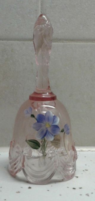 Fenton Hand Painted Pink Glass Signed Bell With Blue Flower