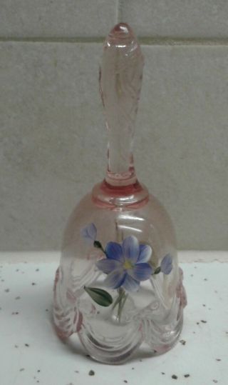 Fenton Hand Painted Pink Glass Signed Bell With Blue Flower 2