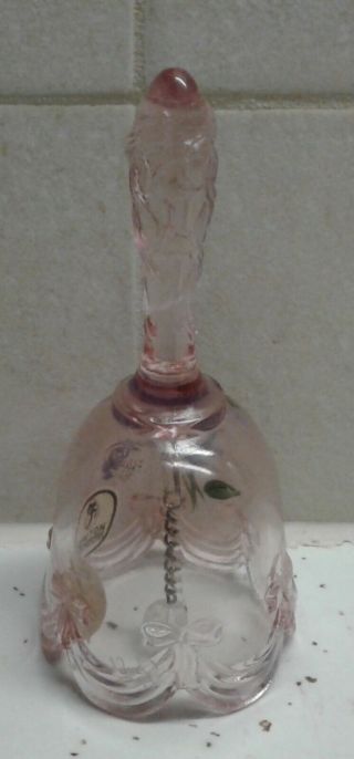 Fenton Hand Painted Pink Glass Signed Bell With Blue Flower 3