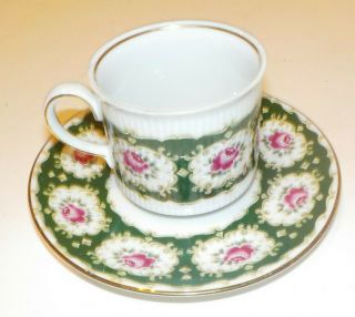 Vintage Bavaria Schirnding White & Green Dematasse Cup & Saucer With Pink Roses