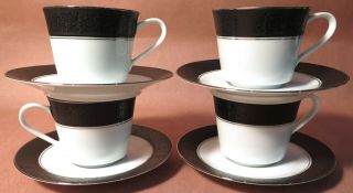Noritake Mirano Set Of 4 Coffee Tea Cups & Saucers Black Wht 6878