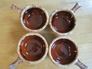 Set Of 4 Vintage Hull Brown Drip Soup Chili Bowls W Handles Oven - Proof Pottery