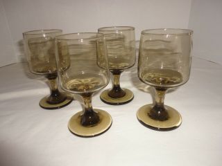 Libby Glasses Smoke Brown Stem Glassware 6 Ounce Size,  Set Of 4 Vintage 1970 