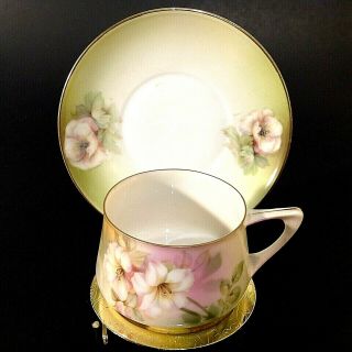 R.  S.  GERMANY DEMITASSE CUP AND SAUCER.  FLORAL WITH GOLD TRIM.  RED STAMP 2