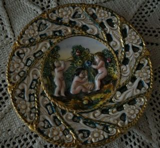 Antique Vintage Capodimonte Nude Cherubs Hand Painted Wall Plate Italy