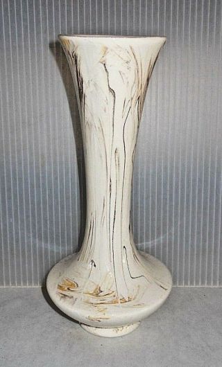 Mid Century Modern Vintage Art Pottery Bud Vase White Gold Brown Swirl Glaze 9.  5