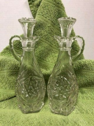 2 Vintage Clear Pressed Cut Glass Cruet Oil & Vinegar Bottle W - Stopper
