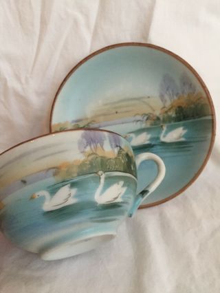 Antique Hand Painted Nippon Tea Cup & Saucer Floating Swan Geese