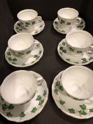 Colclough Bone China Made In England Green Ivy Leaves - 6 Cups & Saucers