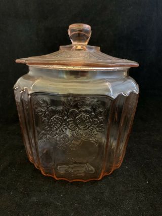 Anchor Hocking Pink Depression Glass Biscuit Cookie Jar Mayfair Open Rose - Dh