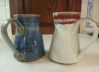 Set Of 2 Stoneware Art Pottery Hand Thrown Mugs Usa Blue Red Artist Signed 12 Oz