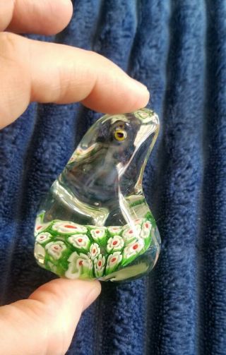 Vintage Art Glass Blown Murano Millefiori Red And Green Flower Paperweight Frog