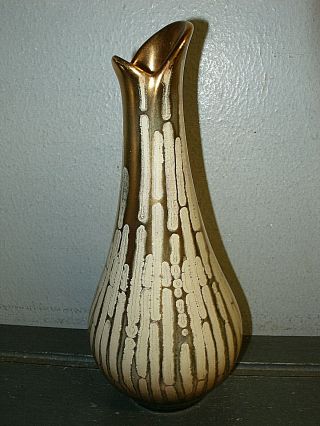 Mid - Century German Art Pottery Vase Abstract Fat Lave 472 17 Gold & White Drip