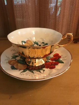 Vintage Rosina England Footed Cup Saucer Set Heavy Gold Pineapple Fruit Pattern