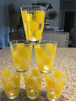 6 Vtg Mid Century Modern Yellow Juice 4 Oz Drinking Glasses