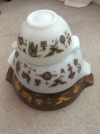 Pyrex Early American Vintage Set Of 3 Cinderella Nesting Bowls Brown Gold White