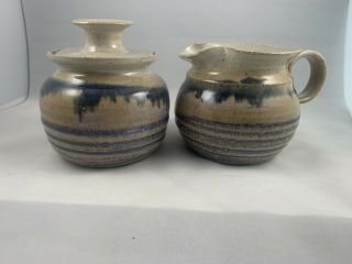 Handmade Pottery Brown Blue Drip Glaze Sugar With Lid And Creamer