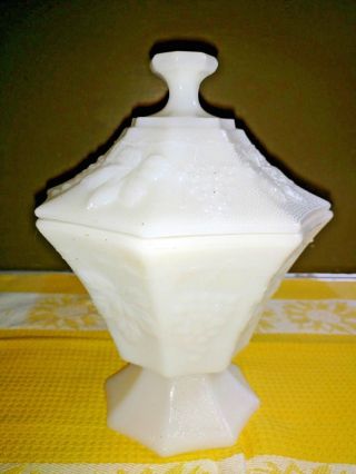 Vintage Anchor Hocking Grape Harvest Milk Glass Lidded Pedestal Candy Dish