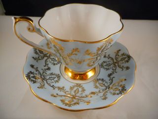 Royal Standard Teacup And Saucer,  Light Blue,  Pink Rose,  Gold Filigree,  Scalloped