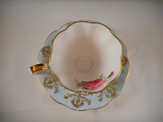 Royal Standard Teacup and Saucer,  Light Blue,  Pink Rose,  Gold Filigree,  Scalloped 2