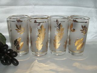 Libbey Frosted Gold Leaf Tea/water Glasses Set Of 4 Vintage 1960’s 12 Oz
