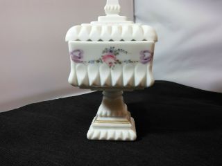 Vintage Westmoreland Hand Painted Milk Glass Wedding Pedestal Compote W/lid 10 "