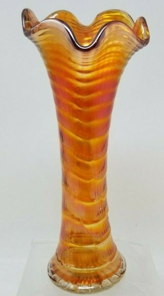 Carnival Glass Orange Iridescent Ripple Vase 9 " Tall
