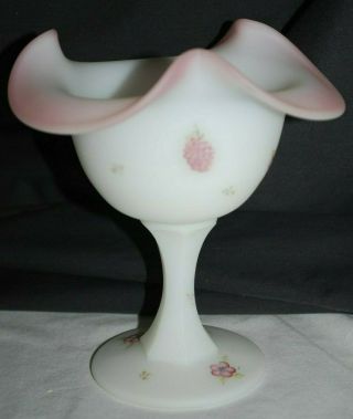 Fenton Art Glass Handpainted Berries And Blossoms Opal Satin 6 " Comport 1628rk
