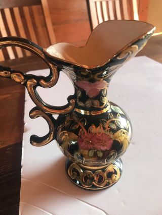 Vintage H.  Bequet Hand - Painted Black Floral Vase/pitcher - - Belgium Pottery