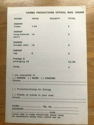 Karma Productions Energy / Fun City @ Mail Order Form Flyer Flyers 1990