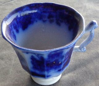 Antique Bone China Flow Blue Footed Teacup - Pretty Pattern - Very Old