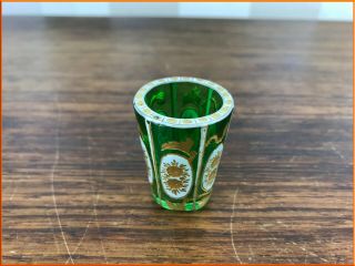Antique Bohemian Green Glass Thimble White Enamel Gold Gilt Small Shot Czech Art
