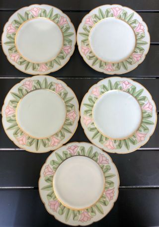 Vtg Set (5) Limoges France Plate Hand Painted Water Lilly Pink Flowers Floral