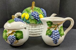 Italian Ceramic Tea Set Three Piece Hand Painted Lemons And Grapevines