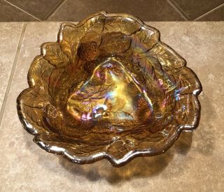 Vintage Indiana Glass Loganberry Iridescent Amber Marigold Triangle Candy Dish