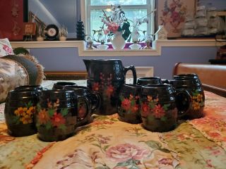 Vintage Mccoy Pottery Flowered Black Barrel Pitcher With 10 Mugs,  Made In Usa