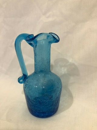 Vintage Blue Crackle Glass Mini Pitcher Euc 4 3/4 " Tall