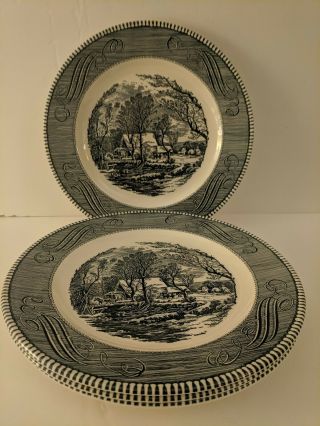 Set Of 4 Currier And Ives 10 " Dinner Plates Old Grist Mill Royal Ironstone Blue