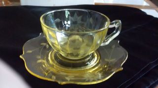 Vintage Jubilee Yellow Lancaster Glass Cup & Saucer With Etched Flowers