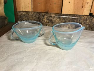 Vintage Blue Opalescent Glass Sugar Bowl And Creamer