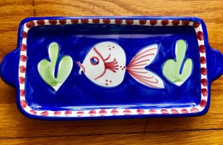 Solimene Vietri Italian Hand Painted Pottery Fish Tray Rectangle With Handles