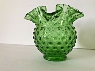 Fenton Stamped Ball Vase Green Glass 4 - 1/4 " X 5 " W Hobnail Double Pinched Ruffle