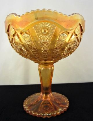 Vintage Imperial Marigold Carnival Glass Hobstar & Arches Pedestal Bowl Compote
