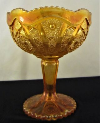 Vintage Imperial Marigold Carnival Glass Hobstar & Arches Pedestal Bowl Compote 3