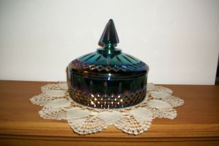 Vintage Indiana Glass Blue Carnival Iridescent Covered Candy Dish