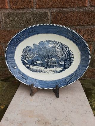 Vintage Currier And Ives Blue 13 " Oval Serving Platter 