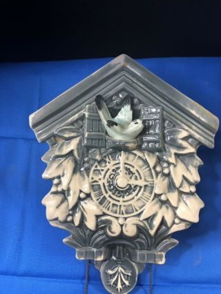 Vintage McCoy Pottery Cuckoo Clock Wall Pocket Planter Grey and Off White 2
