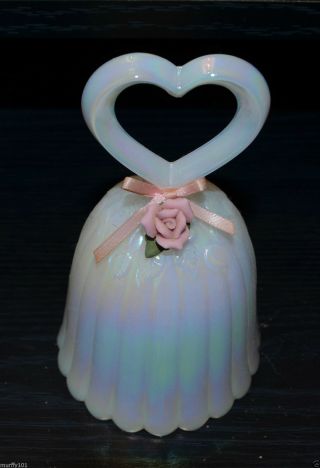 Fenton White Iridescent 5.  25 " Heart Handle,  Pink Rose,  Green Leaf,  Glass Bell
