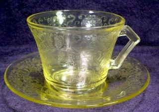 Yellow Depression Glass Florentine No.  2 Poppy Cup & Saucer Hazel Atlas Amber