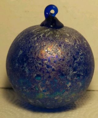 Hand Blown Art Glass Christmas Ornament Ball 4 " Iridescent Blue